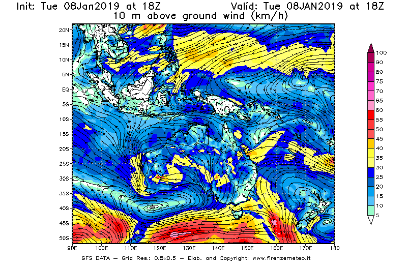 Mappa di analisi GFS - Velocità del vento a 10 metri dal suolo [km/h] in Oceania
							del 08/01/2019 18 <!--googleoff: index-->UTC<!--googleon: index-->