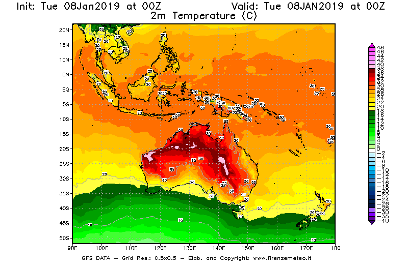 Mappa di analisi GFS - Temperatura a 2 metri dal suolo [°C] in Oceania
									del 08/01/2019 00 <!--googleoff: index-->UTC<!--googleon: index-->