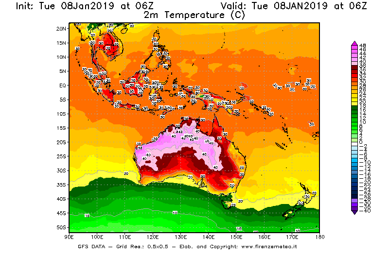 Mappa di analisi GFS - Temperatura a 2 metri dal suolo [°C] in Oceania
									del 08/01/2019 06 <!--googleoff: index-->UTC<!--googleon: index-->