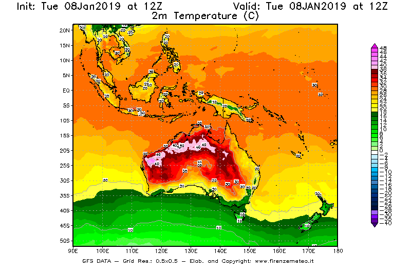 Mappa di analisi GFS - Temperatura a 2 metri dal suolo [°C] in Oceania
									del 08/01/2019 12 <!--googleoff: index-->UTC<!--googleon: index-->