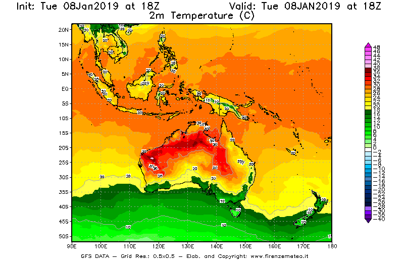 Mappa di analisi GFS - Temperatura a 2 metri dal suolo [°C] in Oceania
									del 08/01/2019 18 <!--googleoff: index-->UTC<!--googleon: index-->