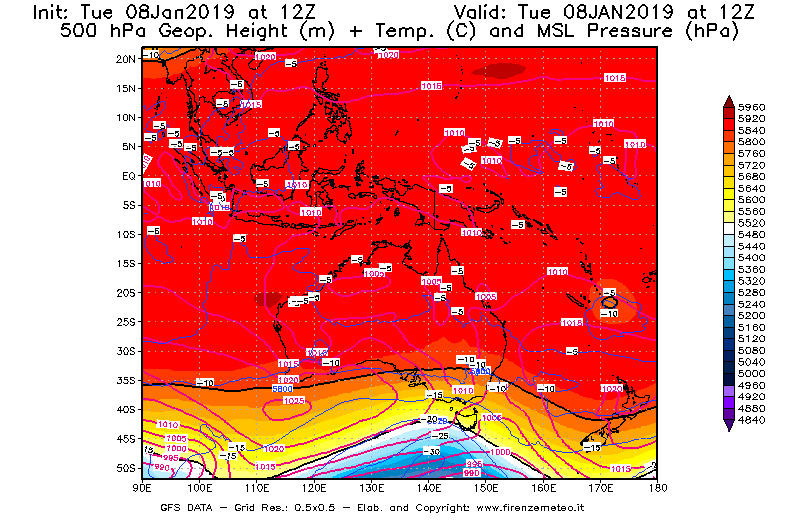 Mappa di analisi GFS - Geopotenziale [m] + Temp. [°C] a 500 hPa + Press. a livello del mare [hPa] in Oceania
							del 08/01/2019 12 <!--googleoff: index-->UTC<!--googleon: index-->