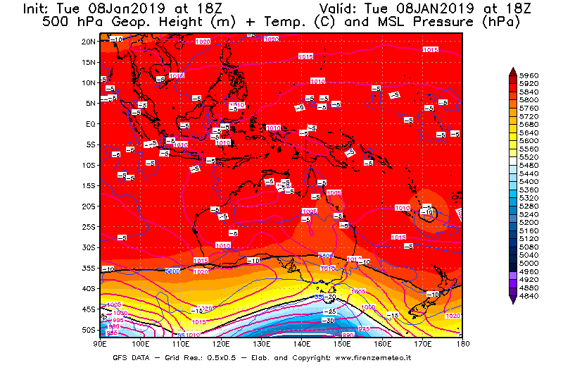 Mappa di analisi GFS - Geopotenziale [m] + Temp. [°C] a 500 hPa + Press. a livello del mare [hPa] in Oceania
									del 08/01/2019 18 <!--googleoff: index-->UTC<!--googleon: index-->