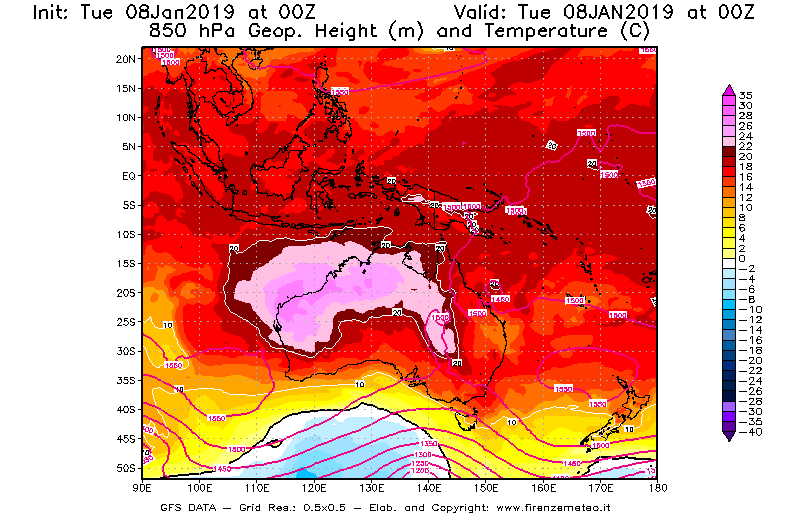 Mappa di analisi GFS - Geopotenziale [m] e Temperatura [°C] a 850 hPa in Oceania
									del 08/01/2019 00 <!--googleoff: index-->UTC<!--googleon: index-->
