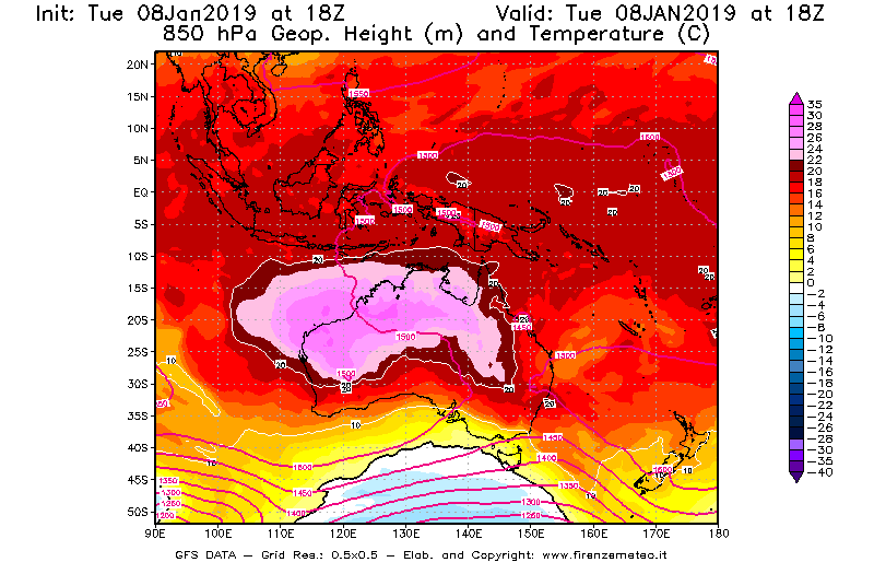 Mappa di analisi GFS - Geopotenziale [m] e Temperatura [°C] a 850 hPa in Oceania
							del 08/01/2019 18 <!--googleoff: index-->UTC<!--googleon: index-->