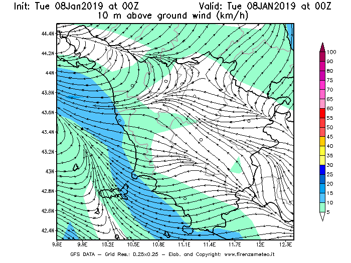 Mappa di analisi GFS - Velocità del vento a 10 metri dal suolo [km/h] in Toscana
							del 08/01/2019 00 <!--googleoff: index-->UTC<!--googleon: index-->