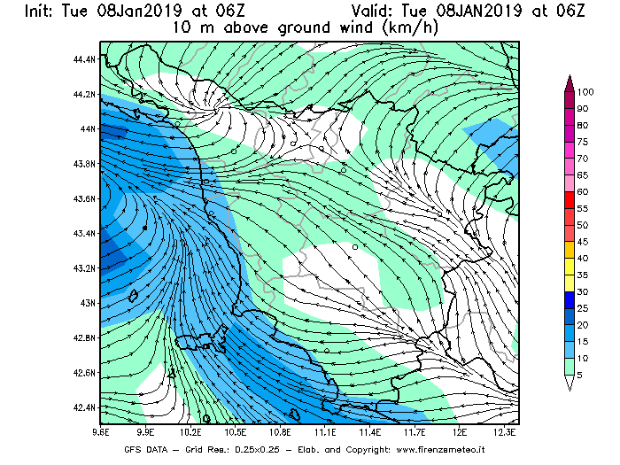 Mappa di analisi GFS - Velocità del vento a 10 metri dal suolo [km/h] in Toscana
									del 08/01/2019 06 <!--googleoff: index-->UTC<!--googleon: index-->