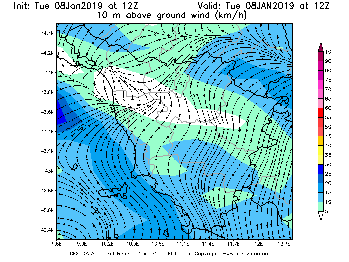 Mappa di analisi GFS - Velocità del vento a 10 metri dal suolo [km/h] in Toscana
							del 08/01/2019 12 <!--googleoff: index-->UTC<!--googleon: index-->