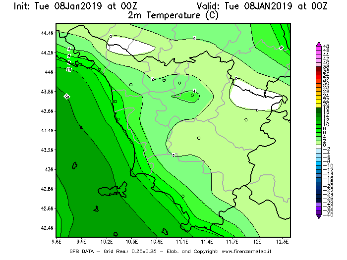 Mappa di analisi GFS - Temperatura a 2 metri dal suolo [°C] in Toscana
									del 08/01/2019 00 <!--googleoff: index-->UTC<!--googleon: index-->