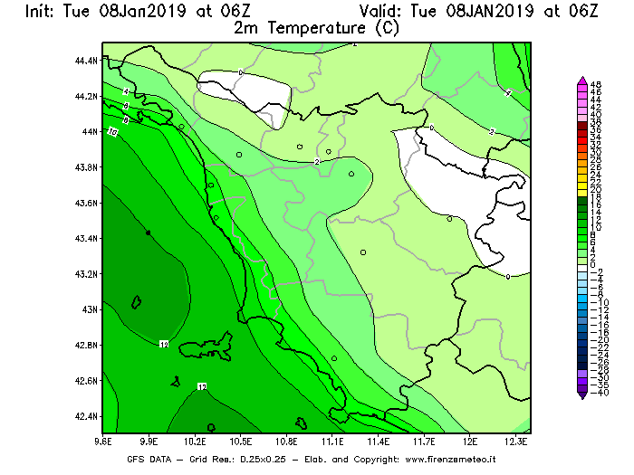 Mappa di analisi GFS - Temperatura a 2 metri dal suolo [°C] in Toscana
							del 08/01/2019 06 <!--googleoff: index-->UTC<!--googleon: index-->