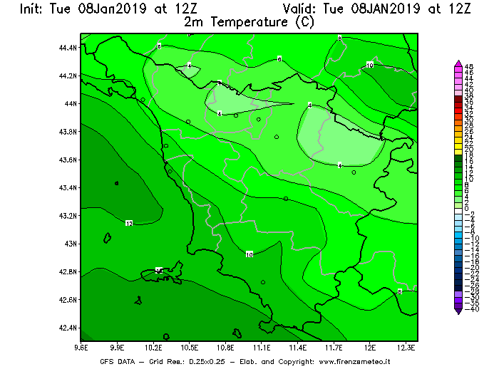 Mappa di analisi GFS - Temperatura a 2 metri dal suolo [°C] in Toscana
							del 08/01/2019 12 <!--googleoff: index-->UTC<!--googleon: index-->