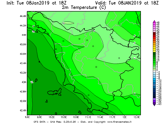Mappa di analisi GFS - Temperatura a 2 metri dal suolo [°C] in Toscana
							del 08/01/2019 18 <!--googleoff: index-->UTC<!--googleon: index-->