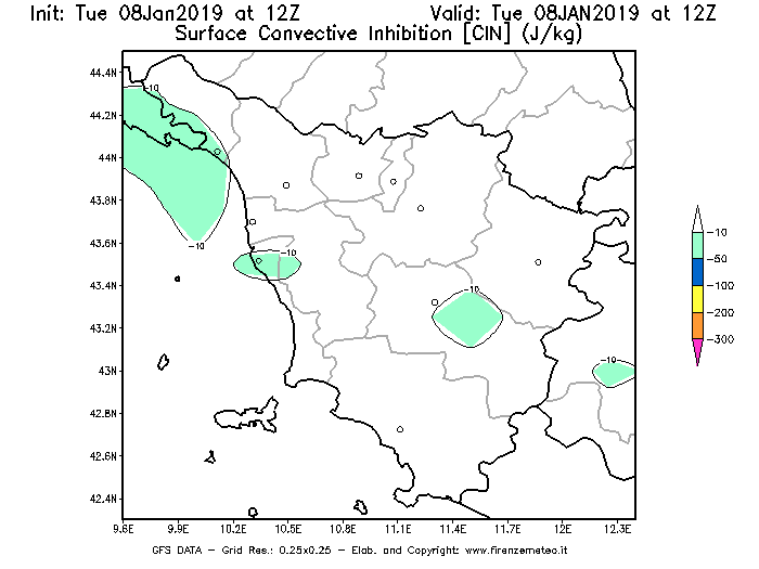 Mappa di analisi GFS - CIN [J/kg] in Toscana
									del 08/01/2019 12 <!--googleoff: index-->UTC<!--googleon: index-->