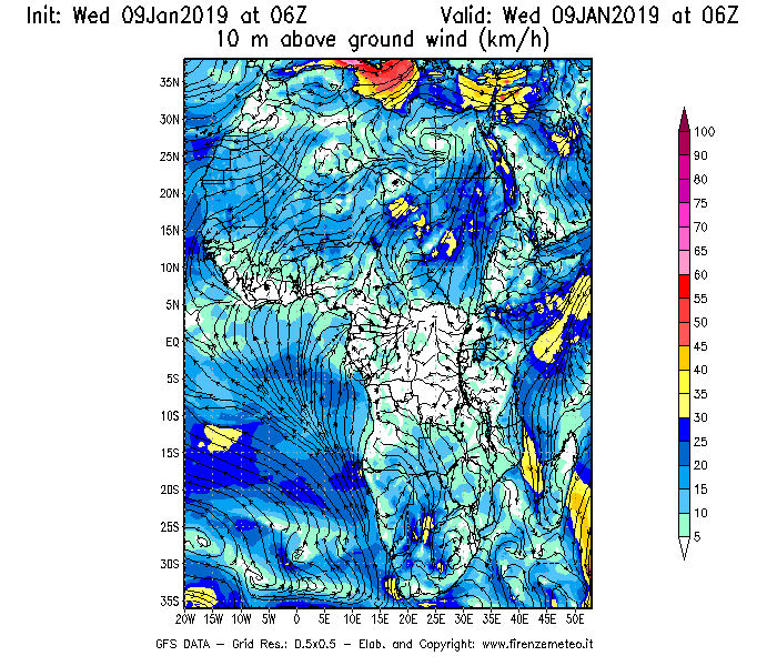 Mappa di analisi GFS - Velocità del vento a 10 metri dal suolo [km/h] in Africa
							del 09/01/2019 06 <!--googleoff: index-->UTC<!--googleon: index-->