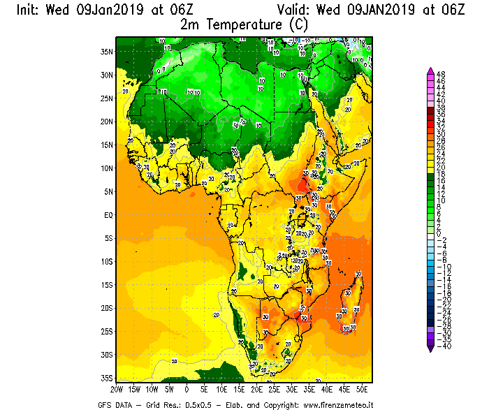 Mappa di analisi GFS - Temperatura a 2 metri dal suolo [°C] in Africa
							del 09/01/2019 06 <!--googleoff: index-->UTC<!--googleon: index-->