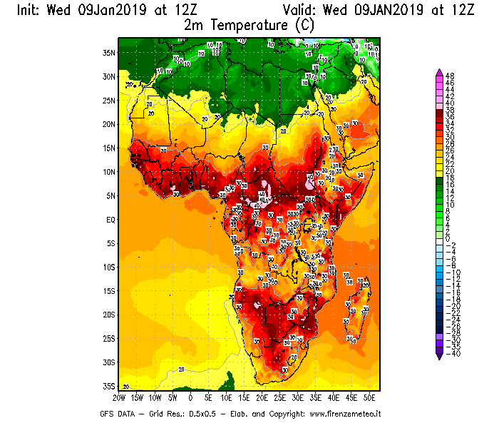 Mappa di analisi GFS - Temperatura a 2 metri dal suolo [°C] in Africa
							del 09/01/2019 12 <!--googleoff: index-->UTC<!--googleon: index-->
