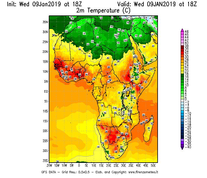 Mappa di analisi GFS - Temperatura a 2 metri dal suolo [°C] in Africa
							del 09/01/2019 18 <!--googleoff: index-->UTC<!--googleon: index-->