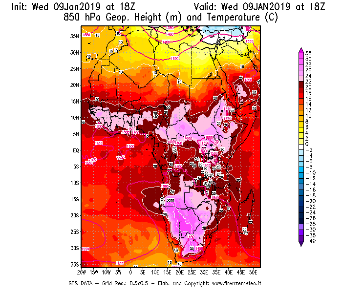 Mappa di analisi GFS - Geopotenziale [m] e Temperatura [°C] a 850 hPa in Africa
							del 09/01/2019 18 <!--googleoff: index-->UTC<!--googleon: index-->