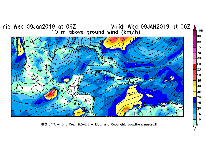 Mappa di analisi GFS - Velocità del vento a 10 metri dal suolo [km/h] in Centro-America
							del 09/01/2019 06 <!--googleoff: index-->UTC<!--googleon: index-->