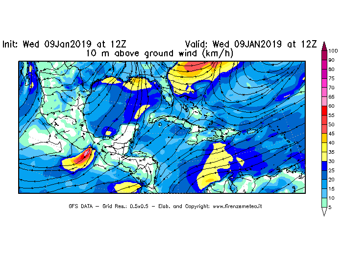 Mappa di analisi GFS - Velocità del vento a 10 metri dal suolo [km/h] in Centro-America
							del 09/01/2019 12 <!--googleoff: index-->UTC<!--googleon: index-->