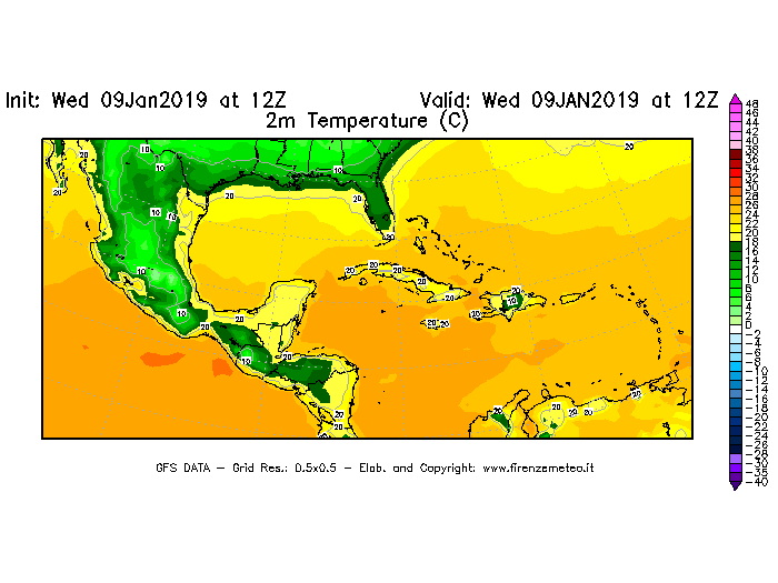 Mappa di analisi GFS - Temperatura a 2 metri dal suolo [°C] in Centro-America
							del 09/01/2019 12 <!--googleoff: index-->UTC<!--googleon: index-->