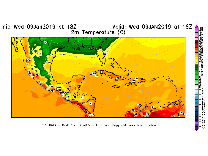 Mappa di analisi GFS - Temperatura a 2 metri dal suolo [°C] in Centro-America
							del 09/01/2019 18 <!--googleoff: index-->UTC<!--googleon: index-->