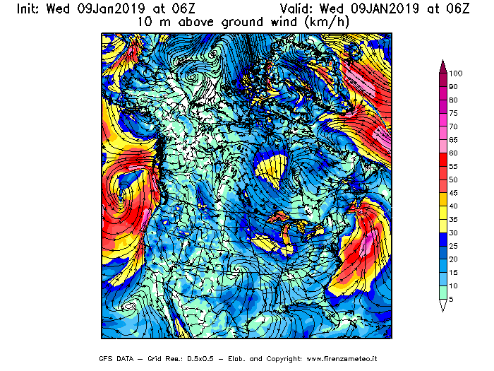 Mappa di analisi GFS - Velocità del vento a 10 metri dal suolo [km/h] in Nord-America
							del 09/01/2019 06 <!--googleoff: index-->UTC<!--googleon: index-->