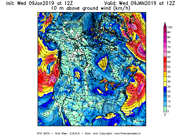 Mappa di analisi GFS - Velocità del vento a 10 metri dal suolo [km/h] in Nord-America
							del 09/01/2019 12 <!--googleoff: index-->UTC<!--googleon: index-->