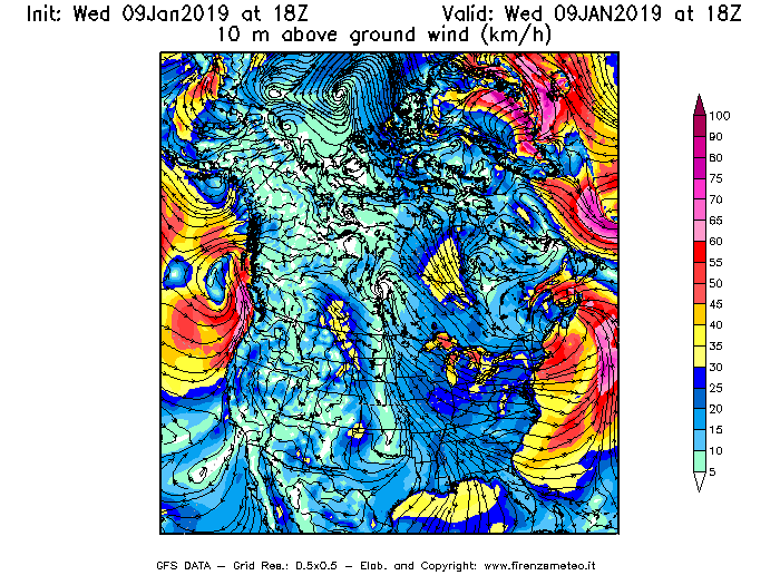 Mappa di analisi GFS - Velocità del vento a 10 metri dal suolo [km/h] in Nord-America
							del 09/01/2019 18 <!--googleoff: index-->UTC<!--googleon: index-->