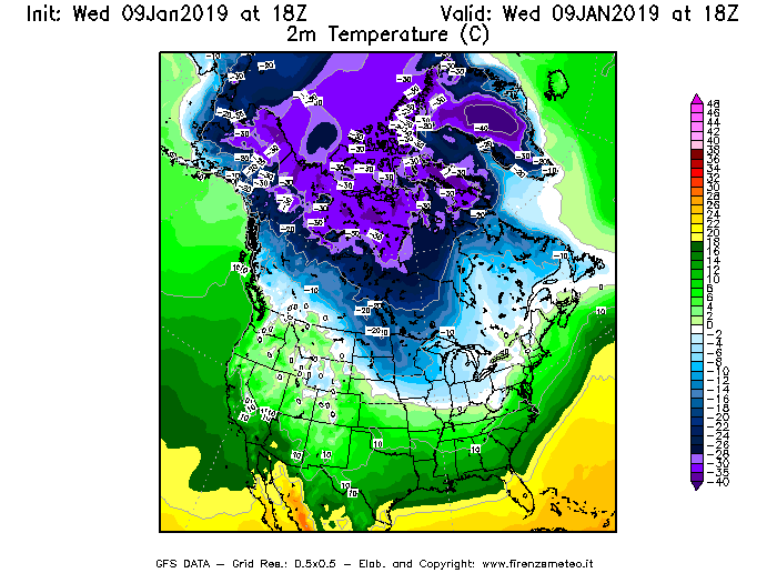 Mappa di analisi GFS - Temperatura a 2 metri dal suolo [°C] in Nord-America
							del 09/01/2019 18 <!--googleoff: index-->UTC<!--googleon: index-->