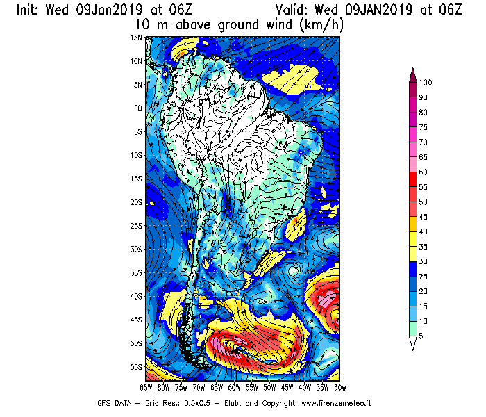 Mappa di analisi GFS - Velocità del vento a 10 metri dal suolo [km/h] in Sud-America
							del 09/01/2019 06 <!--googleoff: index-->UTC<!--googleon: index-->