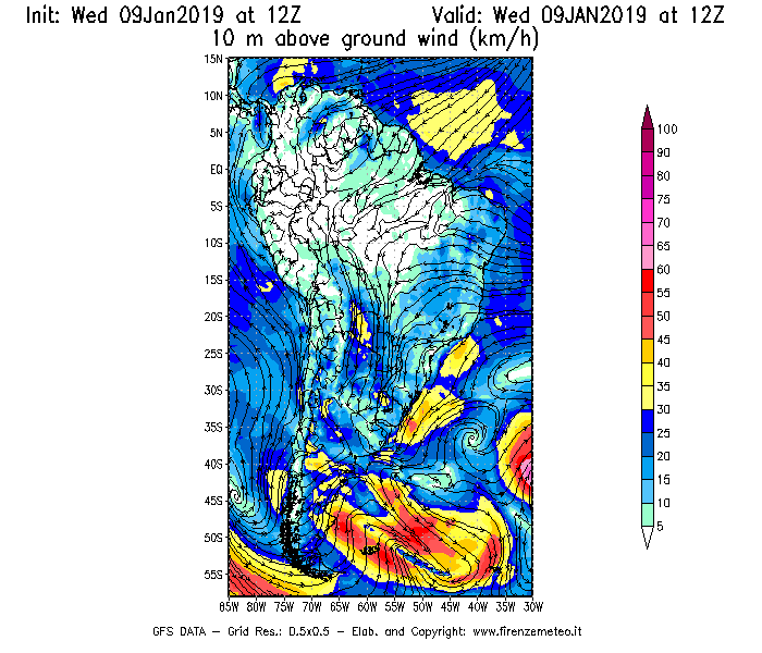 Mappa di analisi GFS - Velocità del vento a 10 metri dal suolo [km/h] in Sud-America
							del 09/01/2019 12 <!--googleoff: index-->UTC<!--googleon: index-->