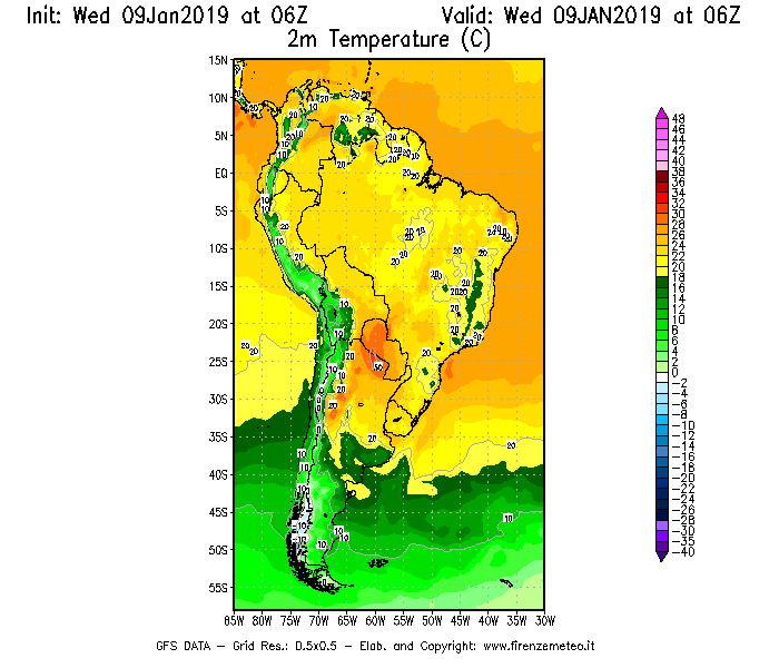 Mappa di analisi GFS - Temperatura a 2 metri dal suolo [°C] in Sud-America
							del 09/01/2019 06 <!--googleoff: index-->UTC<!--googleon: index-->