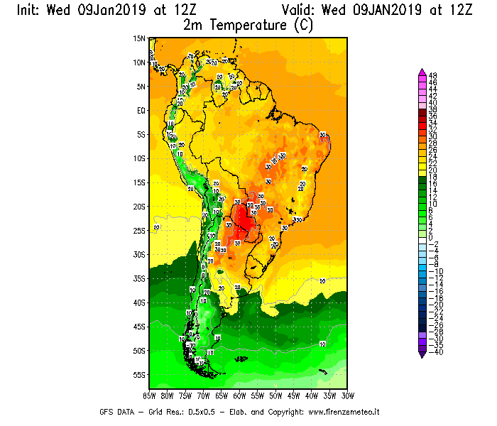 Mappa di analisi GFS - Temperatura a 2 metri dal suolo [°C] in Sud-America
							del 09/01/2019 12 <!--googleoff: index-->UTC<!--googleon: index-->