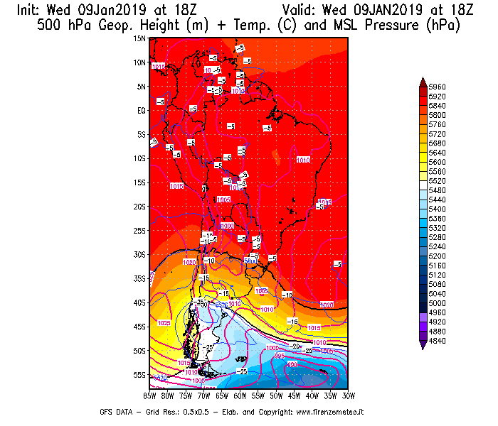 Mappa di analisi GFS - Geopotenziale [m] + Temp. [°C] a 500 hPa + Press. a livello del mare [hPa] in Sud-America
							del 09/01/2019 18 <!--googleoff: index-->UTC<!--googleon: index-->