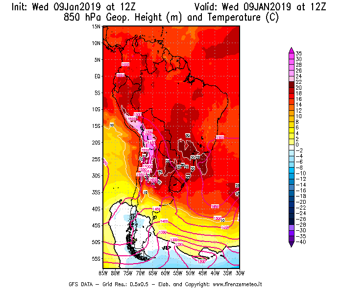 Mappa di analisi GFS - Geopotenziale [m] e Temperatura [°C] a 850 hPa in Sud-America
							del 09/01/2019 12 <!--googleoff: index-->UTC<!--googleon: index-->