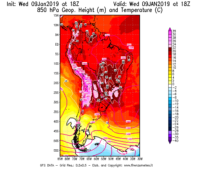 Mappa di analisi GFS - Geopotenziale [m] e Temperatura [°C] a 850 hPa in Sud-America
							del 09/01/2019 18 <!--googleoff: index-->UTC<!--googleon: index-->