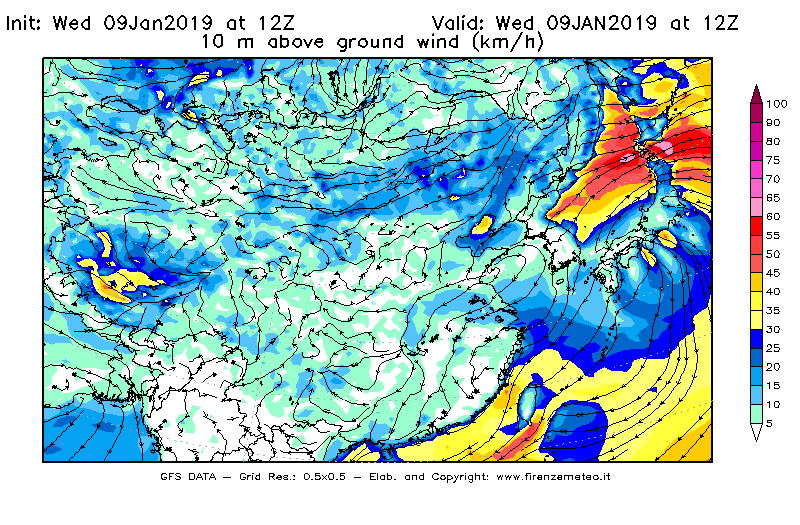 Mappa di analisi GFS - Velocità del vento a 10 metri dal suolo [km/h] in Asia Orientale
							del 09/01/2019 12 <!--googleoff: index-->UTC<!--googleon: index-->