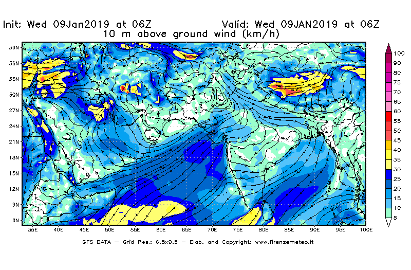 Mappa di analisi GFS - Velocità del vento a 10 metri dal suolo [km/h] in Asia Sud-Occidentale
							del 09/01/2019 06 <!--googleoff: index-->UTC<!--googleon: index-->