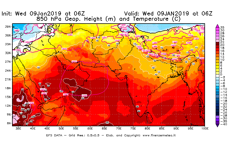 Mappa di analisi GFS - Geopotenziale [m] e Temperatura [°C] a 850 hPa in Asia Sud-Occidentale
							del 09/01/2019 06 <!--googleoff: index-->UTC<!--googleon: index-->