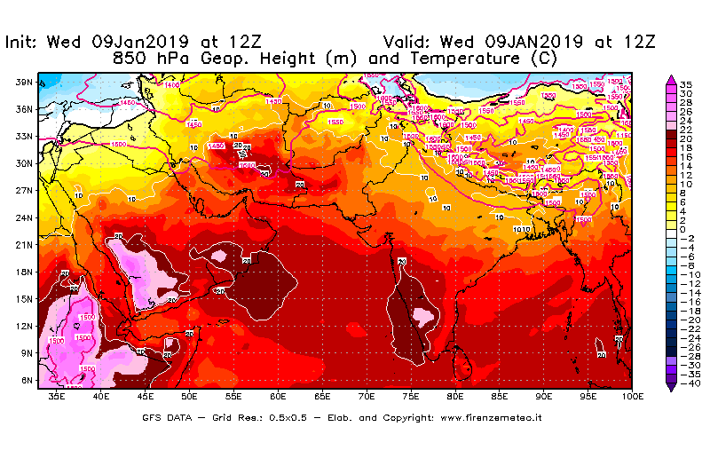 Mappa di analisi GFS - Geopotenziale [m] e Temperatura [°C] a 850 hPa in Asia Sud-Occidentale
							del 09/01/2019 12 <!--googleoff: index-->UTC<!--googleon: index-->