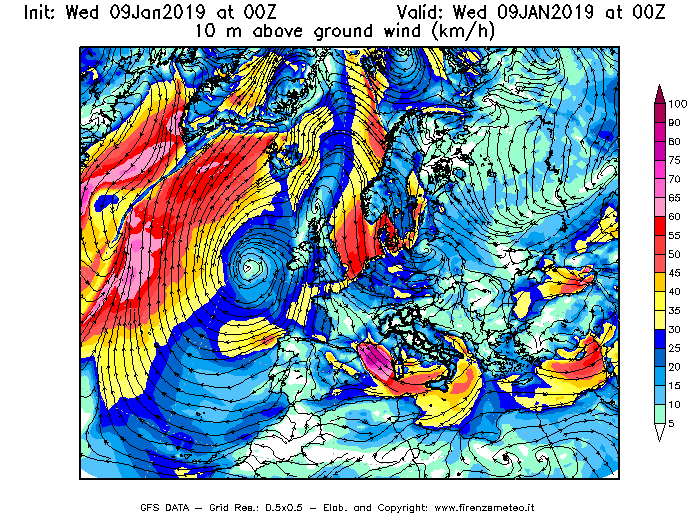 Mappa di analisi GFS - Velocità del vento a 10 metri dal suolo [km/h] in Europa
							del 09/01/2019 00 <!--googleoff: index-->UTC<!--googleon: index-->