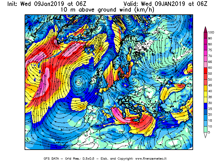 Mappa di analisi GFS - Velocità del vento a 10 metri dal suolo [km/h] in Europa
							del 09/01/2019 06 <!--googleoff: index-->UTC<!--googleon: index-->