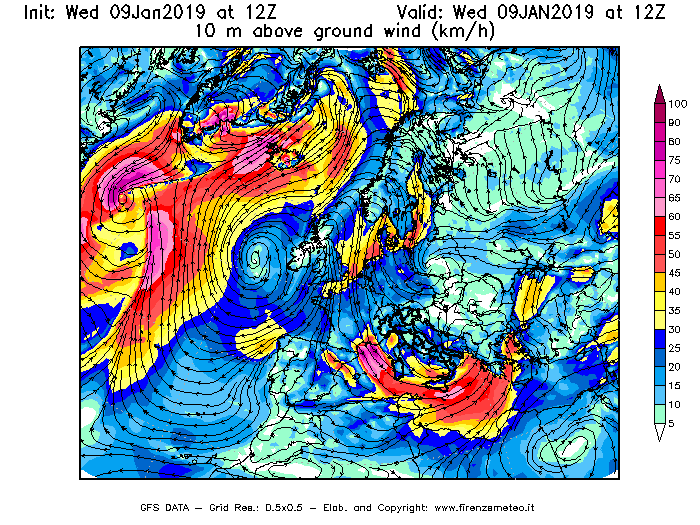 Mappa di analisi GFS - Velocità del vento a 10 metri dal suolo [km/h] in Europa
							del 09/01/2019 12 <!--googleoff: index-->UTC<!--googleon: index-->