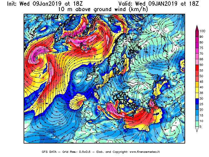 Mappa di analisi GFS - Velocità del vento a 10 metri dal suolo [km/h] in Europa
							del 09/01/2019 18 <!--googleoff: index-->UTC<!--googleon: index-->