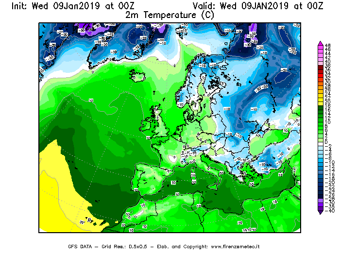 Mappa di analisi GFS - Temperatura a 2 metri dal suolo [°C] in Europa
							del 09/01/2019 00 <!--googleoff: index-->UTC<!--googleon: index-->