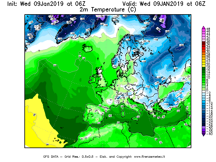 Mappa di analisi GFS - Temperatura a 2 metri dal suolo [°C] in Europa
							del 09/01/2019 06 <!--googleoff: index-->UTC<!--googleon: index-->