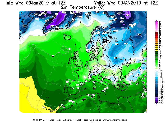 Mappa di analisi GFS - Temperatura a 2 metri dal suolo [°C] in Europa
							del 09/01/2019 12 <!--googleoff: index-->UTC<!--googleon: index-->