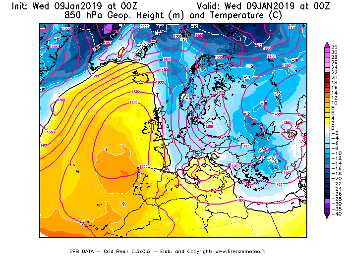 Mappa di analisi GFS - Geopotenziale [m] e Temperatura [°C] a 850 hPa in Europa
							del 09/01/2019 00 <!--googleoff: index-->UTC<!--googleon: index-->