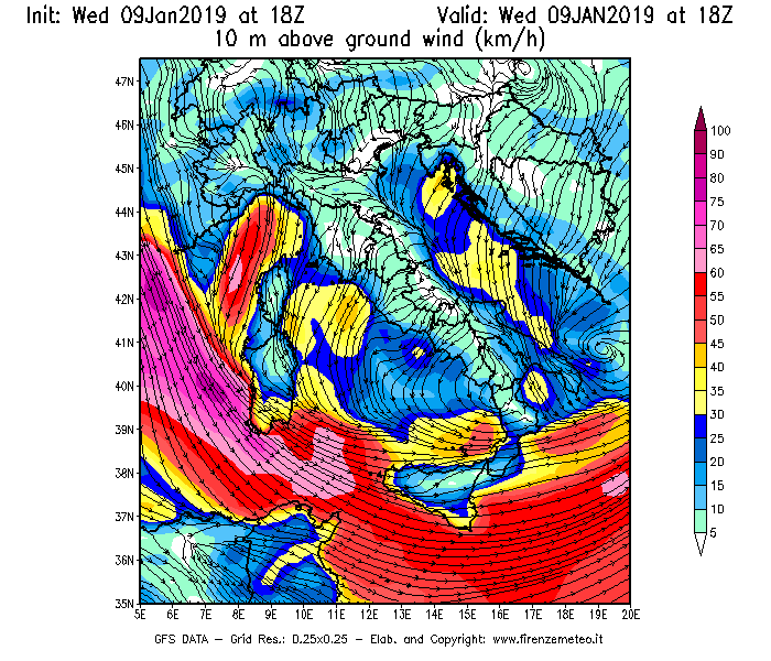Mappa di analisi GFS - Velocità del vento a 10 metri dal suolo [km/h] in Italia
							del 09/01/2019 18 <!--googleoff: index-->UTC<!--googleon: index-->